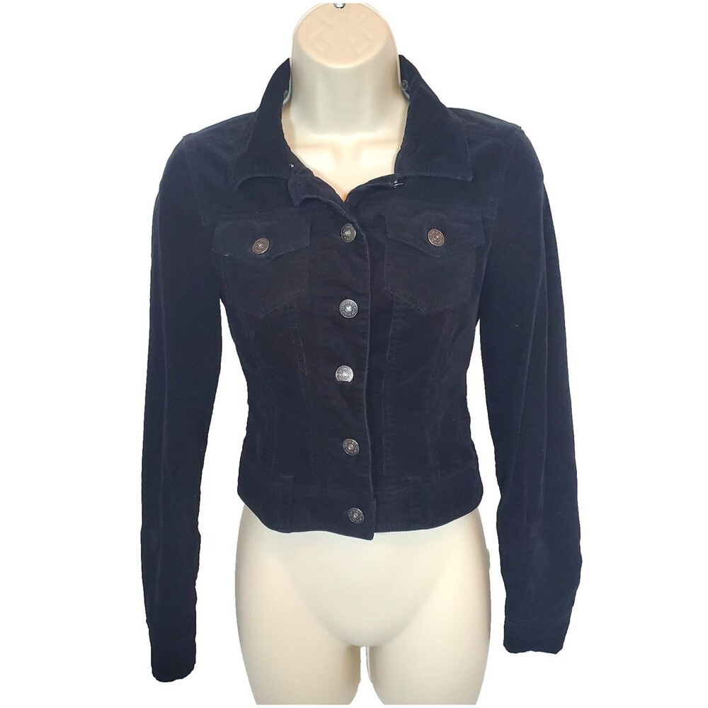 Guess Women’s Jacket Size XS Black Corduroy Trucker Button Front Slim Fit